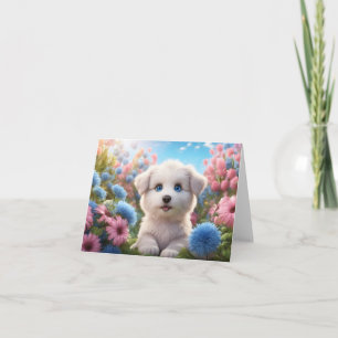 Tarjeta Cachorro blanco con flores moradas azules Greetina