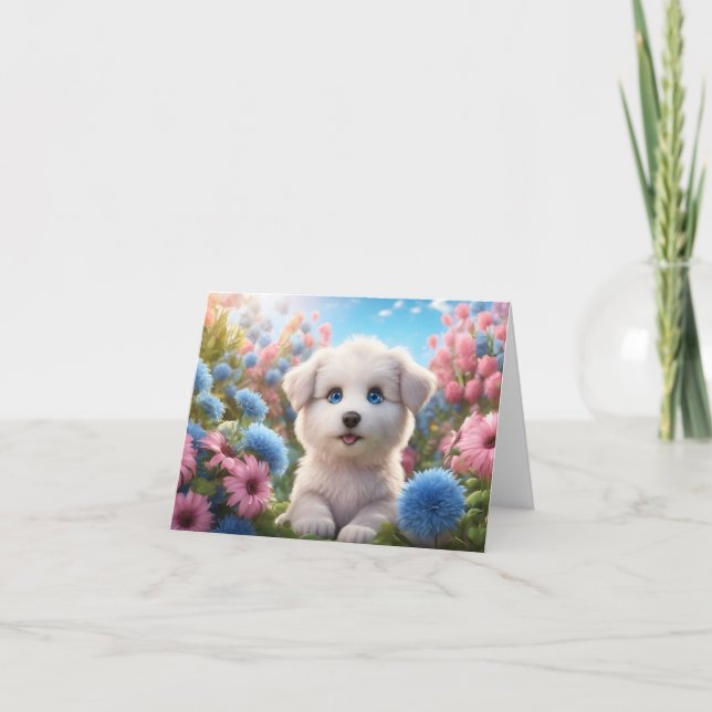 Tarjeta Cachorro blanco con flores moradas azules Greetina (Anverso)