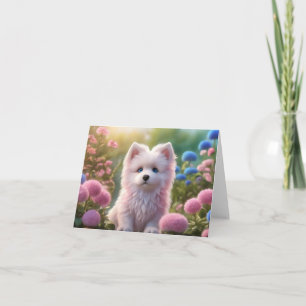 Tarjeta Cachorro blanquecino en flores saludo en blanco