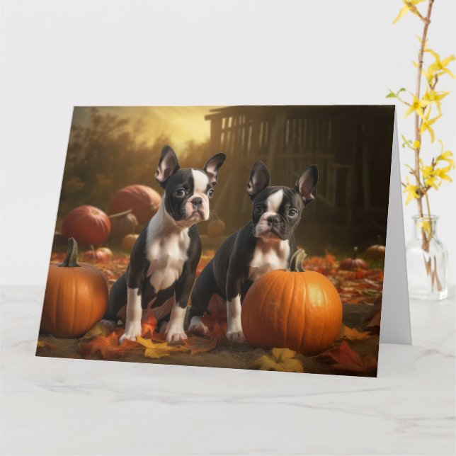Tarjeta Cachorro Boston Terrier Delicia de Otoño Calabaza (flor amarilla)