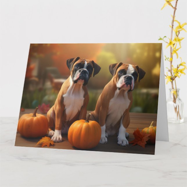 Tarjeta Cachorro Boxer Otoño Delicia Calabaza  (flor amarilla)
