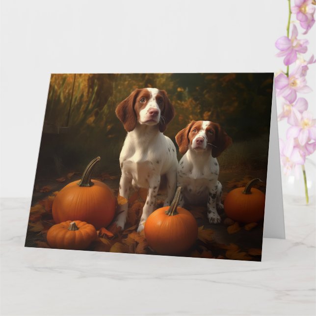 Tarjeta Cachorro Brittany Spaniel Delicia de Otoño Calabaz (Orquídea)