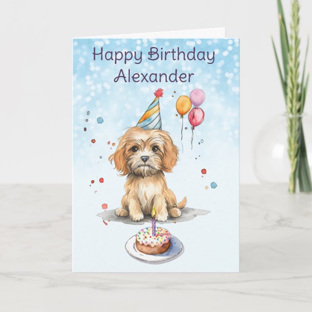 Tarjeta Cachorro con Fiesta Gorra Cumpleaños (Anverso)