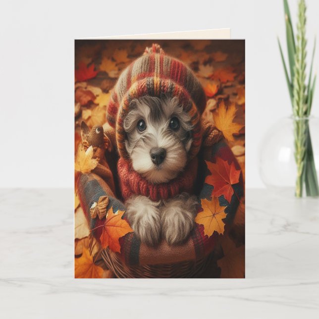 Tarjeta Cachorro con Jersey Otoñal Acogedor (Anverso)