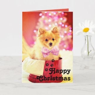 Tarjeta Cachorro con lazo rosa adorable y Navidad única Fe