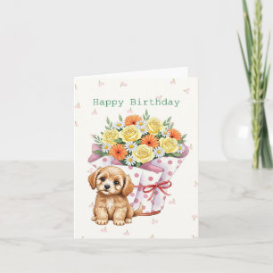Tarjeta Cachorro con maceta de flores dulce cumpleaños