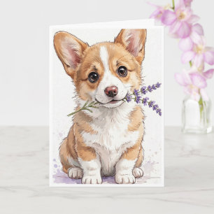 Tarjeta Cachorro Corgi con un tallo de lavanda