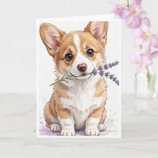 Tarjeta Cachorro Corgi con un tallo de lavanda