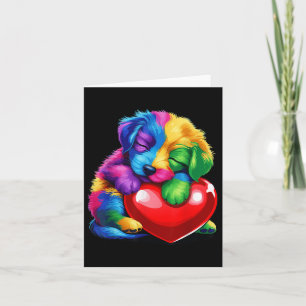Tarjeta Cachorro de Arcoíris Adorable Abrazando Corazón de