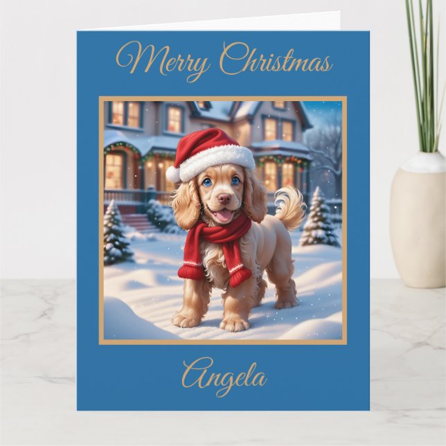 Tarjeta Cachorro de cachorro español jugando en la nieve (Anverso)