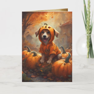 Tarjeta Cachorro de calabaza, perro feliz de Halloween