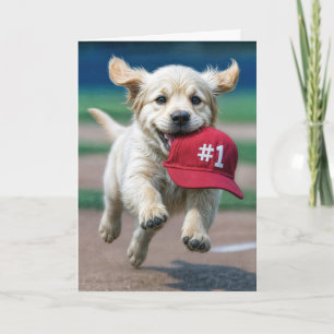 Tarjeta Cachorro de cumpleaños con gorra de béisbol rojo #