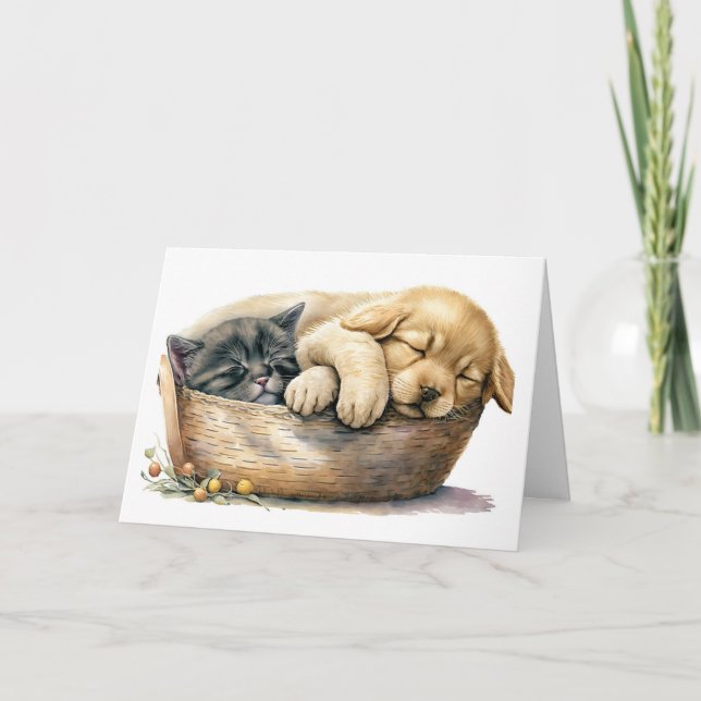 Tarjeta Cachorro De Cumpleaños Y Gatito En Cesta (Anverso)