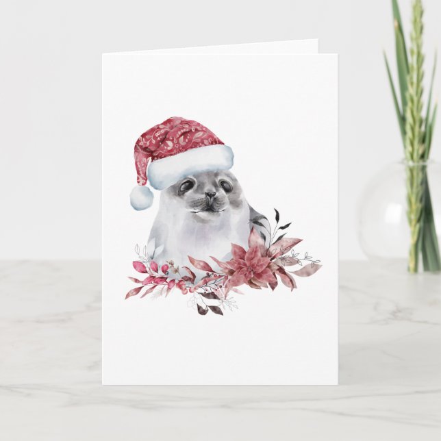 Tarjeta Cachorro de Foca con Sombrero de Navidad (Anverso)