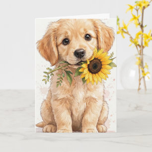 Tarjeta Cachorro de golden retriever sosteniendo una tarje