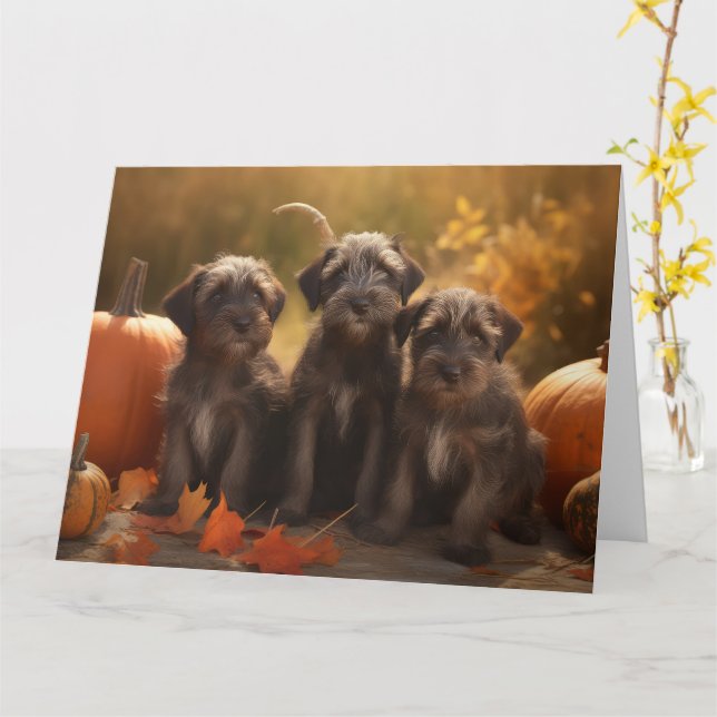Tarjeta Cachorro de Griffon de Punta Pelo Duro Otoño (flor amarilla)