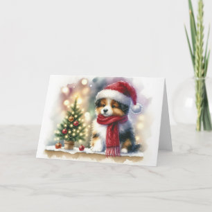 Tarjeta Cachorro de Navidad con sombrero de Santa y bufand