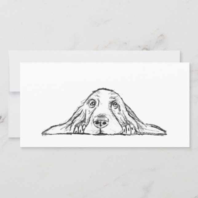Tarjeta cachorro de ojos simples negro y blanco de basset  (Anverso)