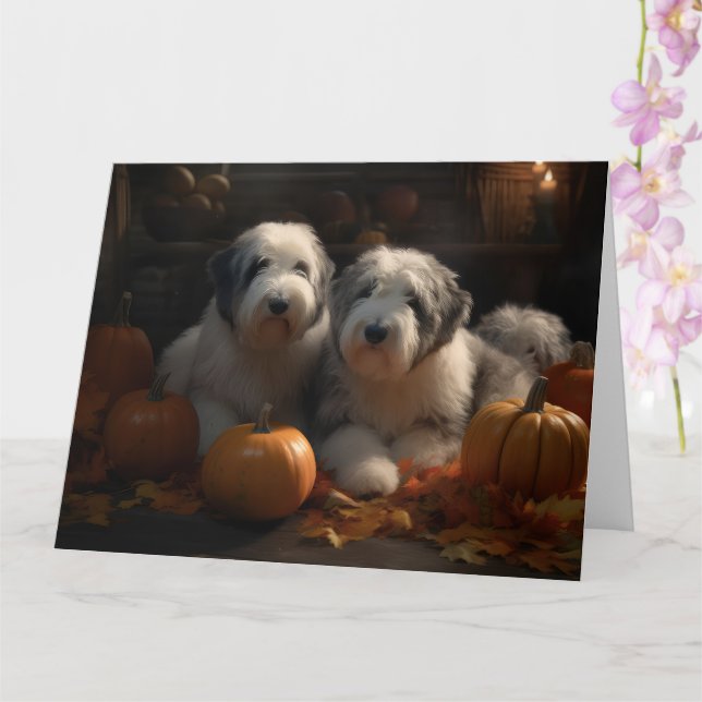 Tarjeta Cachorro de Old English Sheepdog Calabaza Delicia  (Orquídea)