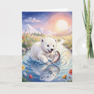 Tarjeta Cachorro de Oso Polar de Cumpleaños Jugando con un