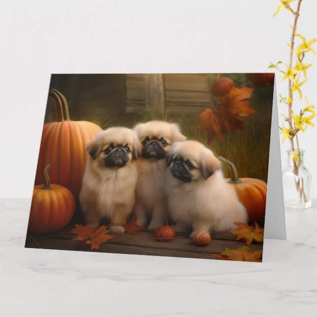Tarjeta Cachorro de Pekinés Delicia de Otoño Calabaza (flor amarilla)