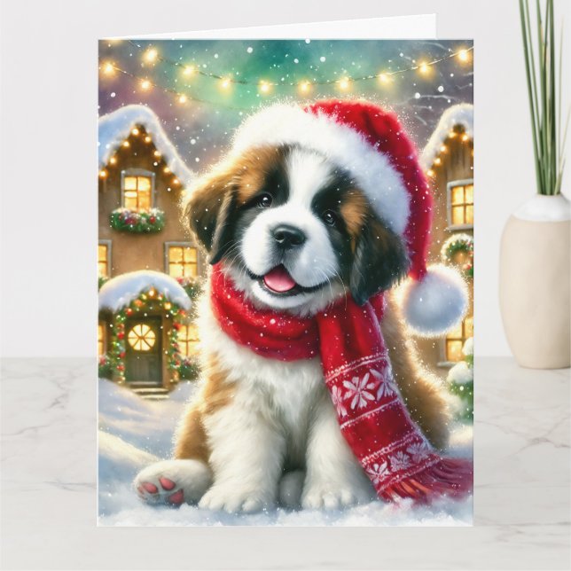 Tarjeta Cachorro de San Bernardo en aldea de Navidades (Anverso)