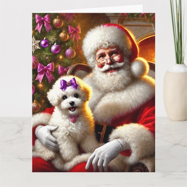 Tarjeta Cachorro de Santa y Bichon Frisé con morado (Anverso)