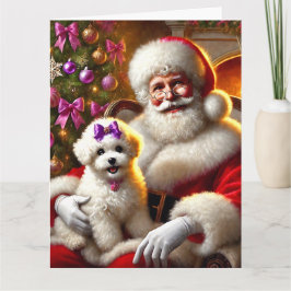 Tarjeta Cachorro de Santa y Bichon Frisé con morado