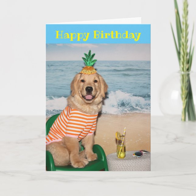 Tarjeta Cachorro dorado de la cabeza de la playa de cumple (Anverso)