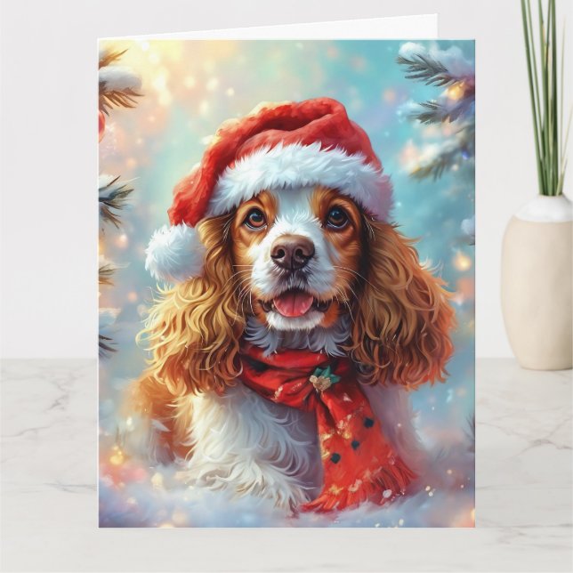 Tarjeta Cachorro español ensueño en Santa Hat y Scarf (Anverso)