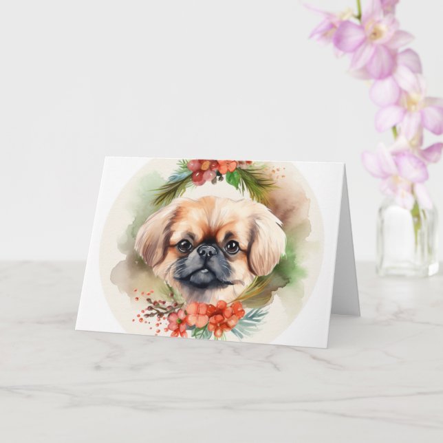 Tarjeta Cachorro festivo corona de Navidad de Pekín (Orquídea)