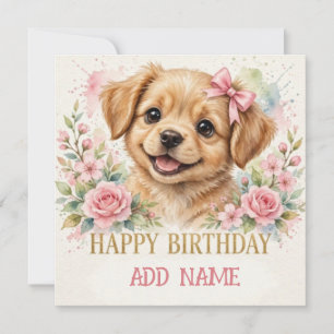 Tarjeta Cachorro hembra: lazo y flores pastel de animalito