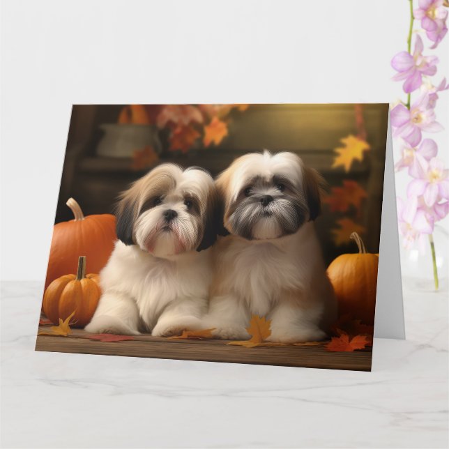 Tarjeta Cachorro Lhasa Apso Delicia de Otoño Calabaza  (Orquídea)