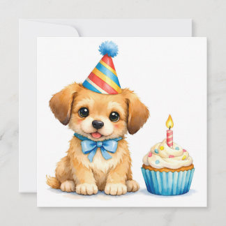 Tarjeta Cachorro lindo acuarela con pastelito de cumpleaño