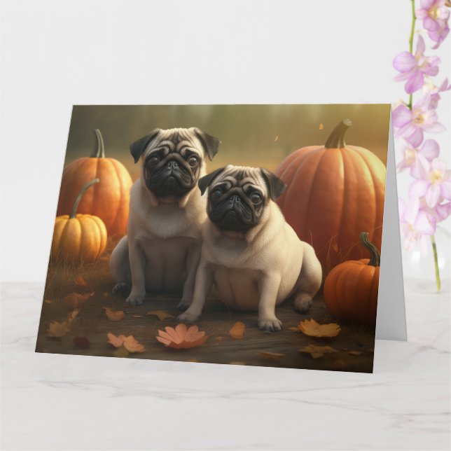 Tarjeta Cachorro Pug Delicia de Otoño Calabaza (Orquídea)