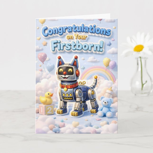 Tarjeta Cachorro robot, felicitaciones por su primogénito  (Planta pequeña)