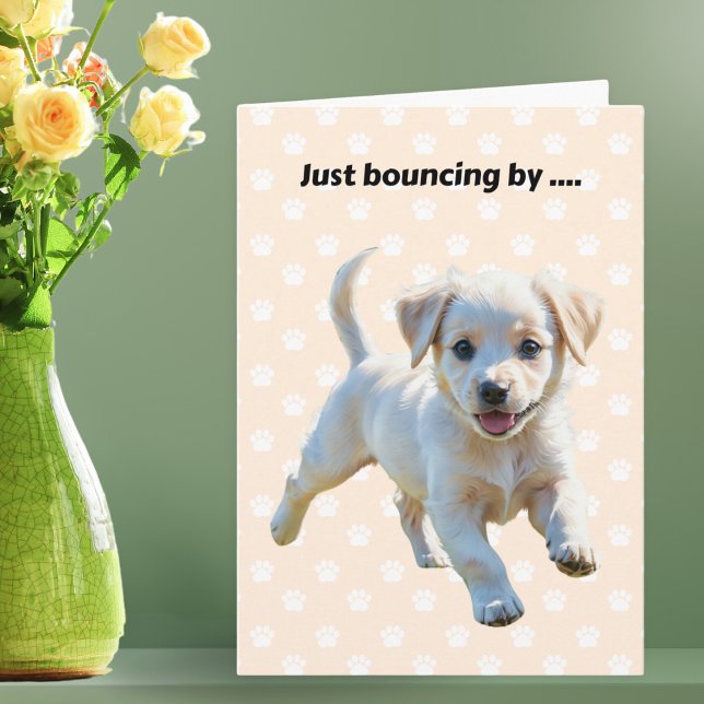 Tarjeta Cachorro Saltarín Adorable con Huellas de Patas pa (A Get Well card with cute puppy picture and 'Just bouncing by' on a peach background with paw prints)