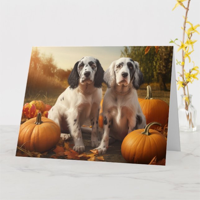 Tarjeta Cachorro Setter Inglés Delicia de Otoño Calabaza (flor amarilla)