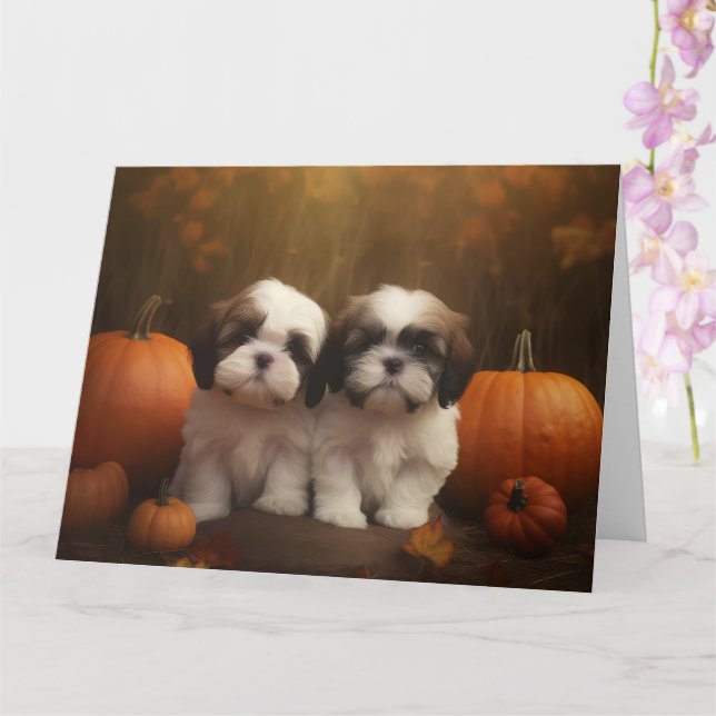 Tarjeta Cachorro Shih Tzu Otoño Delicia Calabaza  (Orquídea)