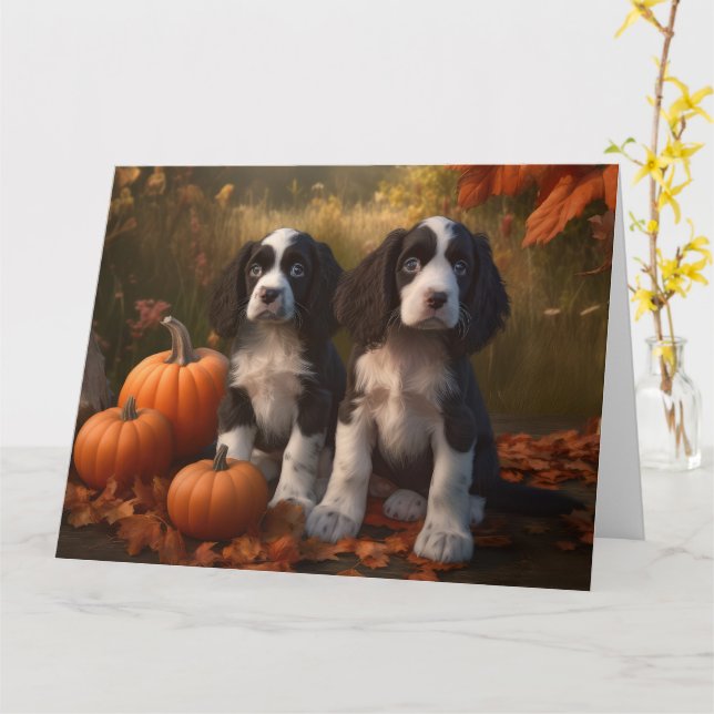 Tarjeta Cachorro Springer Spaniel Otoño Delicia Calabaza  (flor amarilla)