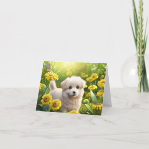 Tarjeta Cachorro suave con mariposa en blanco saludo