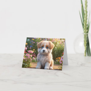 Tarjeta Cachorro suave en flor saludo en blanco