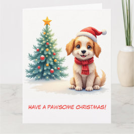 Tarjeta Cachorro y árbol de Navidad ilustrados