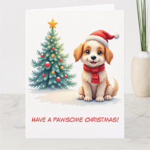 Tarjeta Cachorro y árbol de Navidad ilustrados