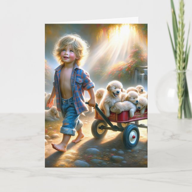 Tarjeta Cachorros De Golden Retriever En Wagon (Anverso)