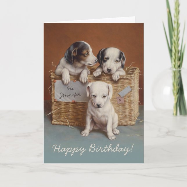 Tarjeta Cachorros en una canasta de cumpleaños Carl Reiche (Anverso)