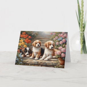 Tarjeta Cachorros lindos en jardín de flores 