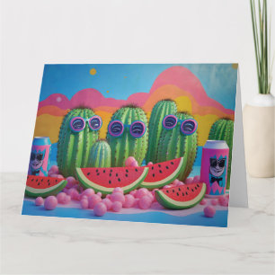 Tarjeta Cacti gracioso con gafas de sol, sandía y dulce