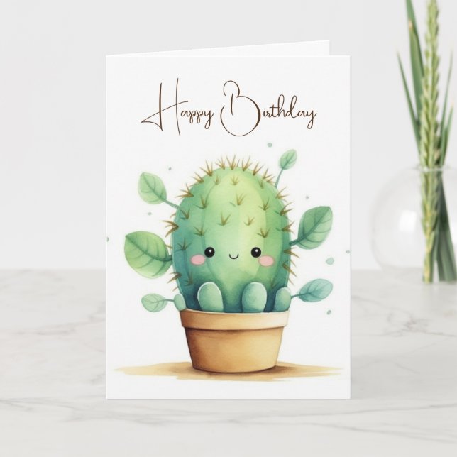 Tarjeta Cactus De Cumpleaños De Acuarela En Pota (Anverso)