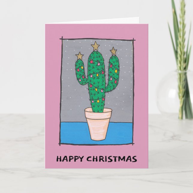 Tarjeta Cactus Navidades, borde rosado, tu saludo (Anverso)